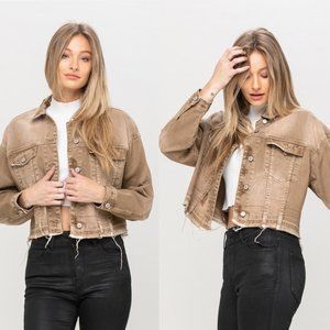 Oversized Distressed Tan Crop Denim Jacket